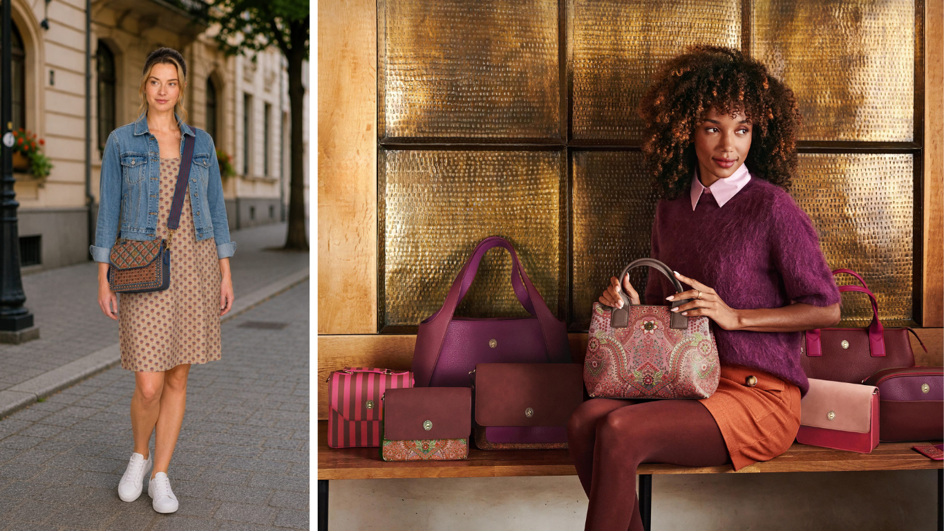  Dámské kabelky a stylové oblečení Pip Studio pro volný čas. Módní koláž ukazuje ženu v džínové bundě a šatech s malou crossbody kabelkou v ulicích města a ženu prezentující kolekci kabelek, batohů a tašek v elegantních vínových, fialových a hnědých retro odstínech s orientálními vzory. Perfektní inspirace na módní dárek pro ženy.
